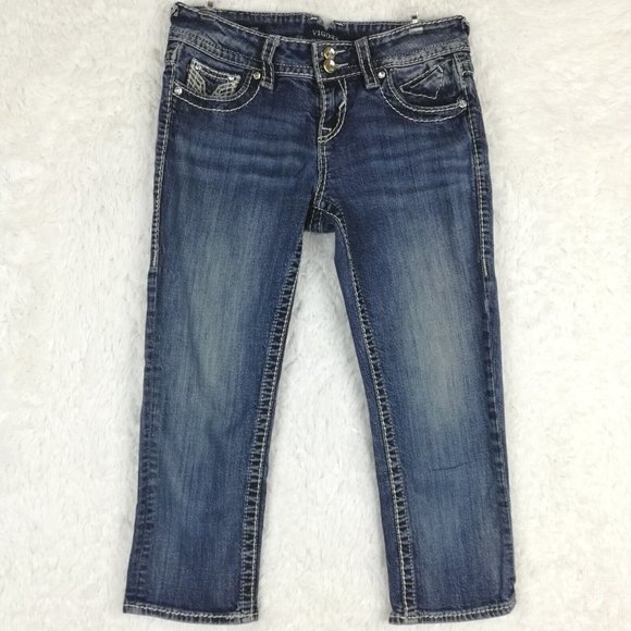 Vigoss Womens Jeans Capri New York Blue Denim Jeweled Flap Pocket Stone Wash 4‎ - Picture 1 of 15